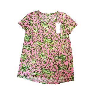 Lilly Pulitzer Pink & Green Leaf Print Womens XS Short Sleeve V-Neck Tee Shirt